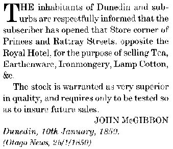 First MacGibbon general store advertisement, January 1850